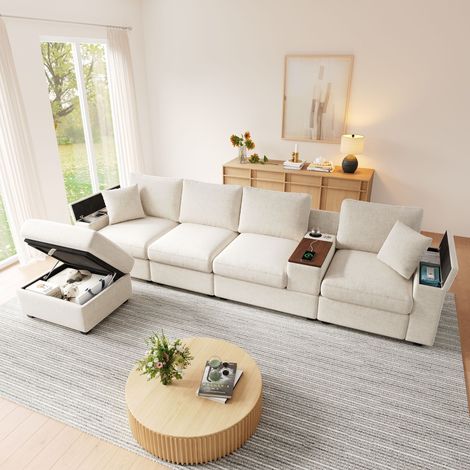 Canapé d'angle en L avec pouf,ports USB/Type-C,porte-gobelets,table basse pivotante à 360°,rangement dans les accoudoirs,canapé 5 places,beige (1/5)