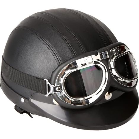 Halbjethelm – 1-teilig – Leder – Retro-Vintage-Stil – Roller- und Motorradhelm – Schwarz, 54–60 cm (1/5)