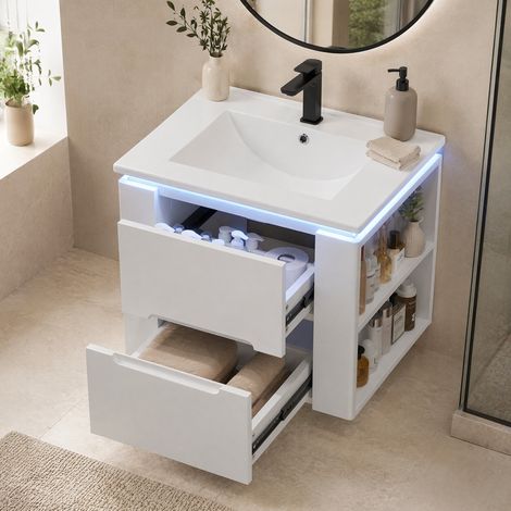 Mobile lavabo sospeso in MDF e ceramica bianco 60x46x48,5 cm con 2 cassetti e luce LED con sensore radar (1/5)