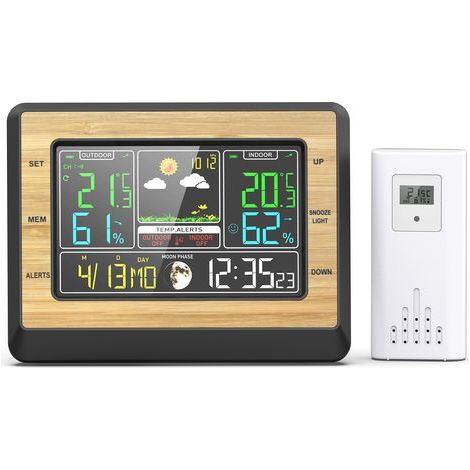 Station météo sans Fil, Thermomètre Hygromètre Baromètre Intérieure Extérieure avec Capteur LED Ecran Rétro-éclairage Horloge Numérique Alarme et Snooze Affichage Heure Date Jour,18142.5cm (1/5)