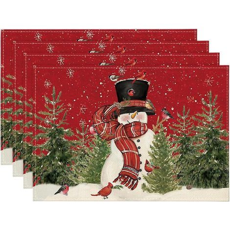 Set of 4 Christmas Placemats 30 x 45 cm Snowman, Red Pine Scarves, Holiday Decoration, Washable Placemats for Kitchen, Table (1/5)