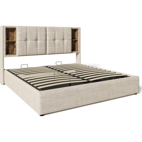 Lit rembourré avec espace de rangement, avec chargeur USB C sans fil, cadre de lit en bois, tissu en lin naturel (sans matelas) - 140x200cm (1/5)