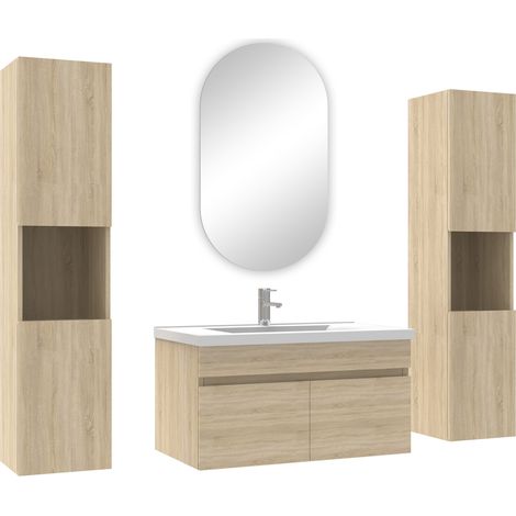 Ocean ensemble meubles Salle de Bain simple vasque 80cm, colonnex2 et miroir ovale Chêne Wotan (1/4)