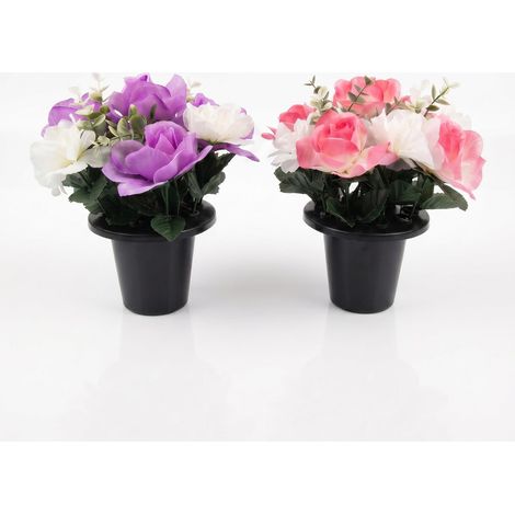 HOMESCAPES Artificial Rose & Mimosa Gravepot, Set of 2 Memorial Flowers (1/5)