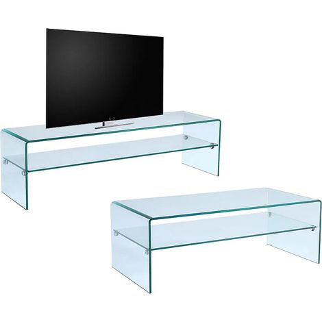 Vente-Unique – Ensemble de meubles de salon – Table basse et meuble TV en verre trempé 12mm – Longueur 120 cm et 140 cm – Design moderne transparent (1/5)