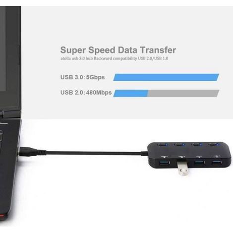 Hub USB 3.0 - Jes15680 - 4 Ports - Ultra Fin - Commutateurs d'alimentation Individuels - Noir (1/4)