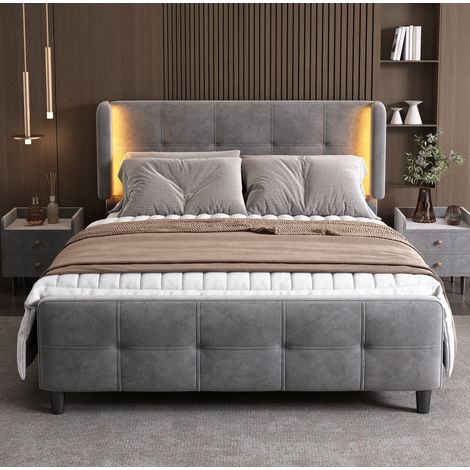 Letto imbottito matrimoniale 140x200 cm moderno in velluto grigio, testiera regolabile, LED 16 colori, rete a doghe (1/5)