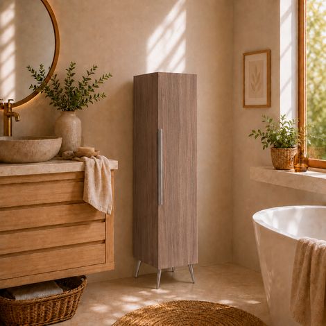 Meuble haut colonne pour salle de bain 130 cm sur pieds coloris chêne prémonté (1/4)