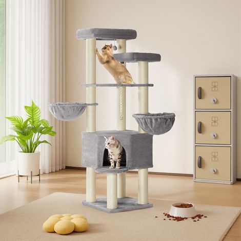 Grand Arbre à Chat, Tour de Jeux pour Chat à Plusieurs Niveaux, XXL, 55 x 55 x 186,7 cm, Poteaux en Sisal de 11 cm de Diamètre, les Maine Coons, Gris Tourterelle et Blanc Crème (1/5)