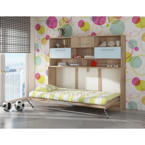 Schrankbett Wandbett ROGER 90x200cm horizontal + regal sonoma eiche / blau