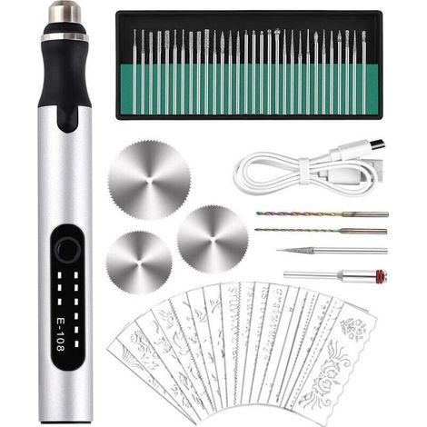 Mini bolígrafo eléctrico de grabado con 30 brocas y 3 discos de corte, recargable por USB, multifuncional para la fabricación de joyas, carpintería y metalurgia.