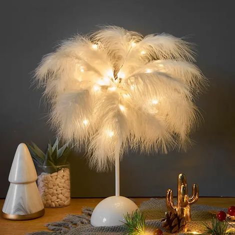 Fairy light plume lampe de table AA batterie puissance bricolage créatif lumière chaude arbre plume abat-jour mariage maison chambre décor : plume blanche