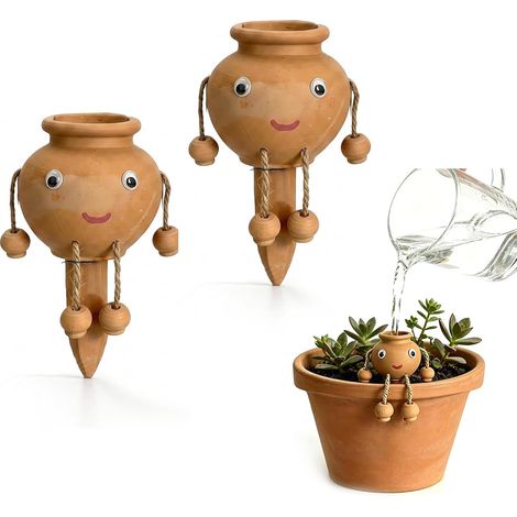 Paquet de 2 pointes d'arrosage en terre cuite, système d'arrosage automatique Olla mignon, arroseur automatique à libération lente pour plantes d'intérieur (1/5)