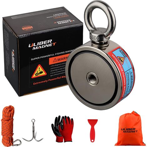 Aimants de pêche double face super puissants, combinés 500 kg N52 Kit de pêche aimant néodyme avec corde, griffe, gants, pour la pêche magnétique et la chasse au trésor sous l'eau (1/5)