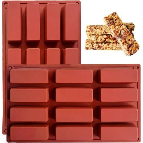 2 PCS Moules Pour Barres De Céréales, 12 Cavités Moule Silicone Rectangulaire, Anti-adhésif Moule à Chocolat pour truffe, in, muffin, in de maïs, cheesecake et savon (Rouge Brique) (1/4)