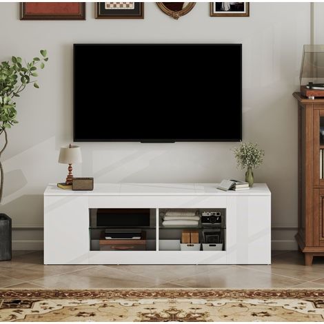 Mueble TV 140 cm con 6 huecos y vidrio blanco OKMYHOME (1/5)