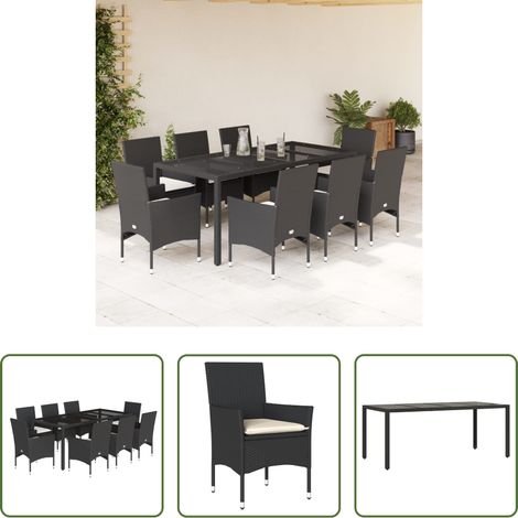 Gartenessgruppe - 9-tlg. Garten-Essgruppe mit Kissen Schwarz Poly Rattan und Glas (1/5)