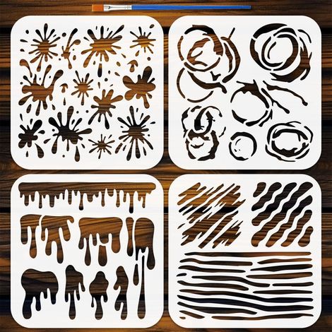 4Pcs Pochoir Éclaboussures D'Encre Avec Pinceau 15x15cm Pochoirs Graffiti Pochoirs Éclaboussures et Taches Peinture en Spray Templates Plastique Réutilisables pour Bois Coussins Papier (1/5)
