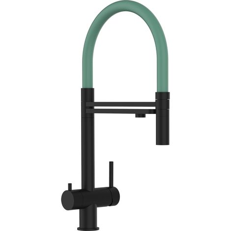 Rubinetto 3 VIE miscelatore lavello cucina in ACCIAIO INOX, canna girevole 360° e doccetta 2 getti movibile, PVD Nero Opaco / Turchese (1/5)