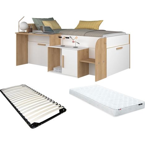 Letto a soppalco 90 x 200 cm con scrivania e ripiani - Colore: Bianco e naturale + Sommier + Materasso - PEDRO