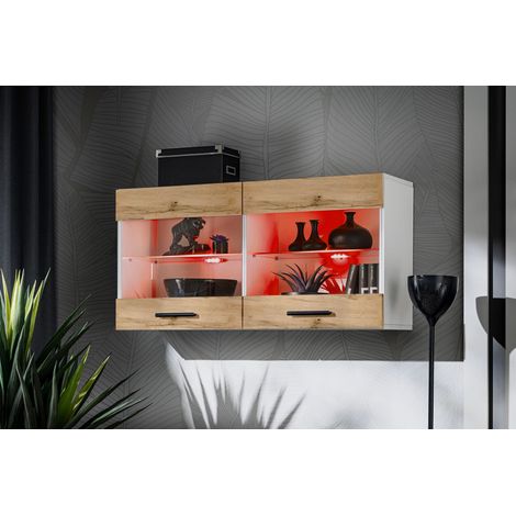 Komodee, Vitrine Armoire Savona, Blanc/Wotan, Largeur 100 cm x Hauteur 50 cm x Profondeur 30 cm, LED RGB, 2 étagères, pour Salon, Chambre, Entrée, Cuisine