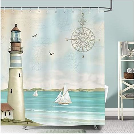 Rideau de Douche Nautique 180x180 cm, Polyester Imperméable et Antimoisissure avec Motif Phare Bateau Boussole, Lavable, Kit Complet avec 12 Crochets (1/4)
