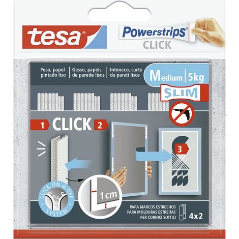 Tiras cuelga cuadros powerstrips click, carga máxma 5 kg, 4 pares de tiras, 8 x 1 cm