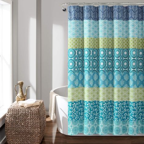 Rideau de Douche à Rayures bohèmes, 182,9 cm de Large x 182,9 cm de Long, Bleu et Vert – Rideau de Douche bohème à Rayures colorées – Décoration de Salle de Bain maximaliste et bohème (1/5)