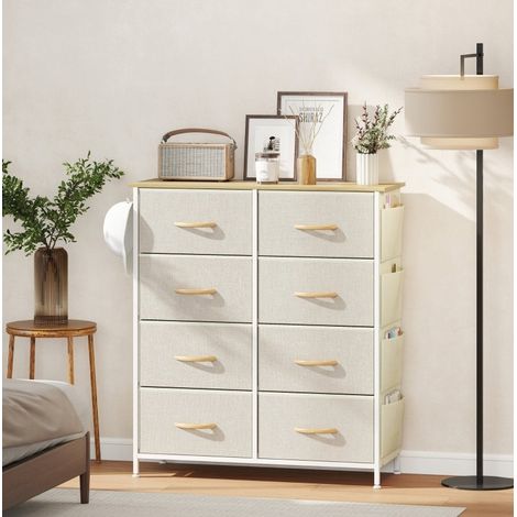 Commode de chambre avec 8 tiroirs en tissu beige, structure en acier, 4 poches de rangement et 2 crochets (1/5)