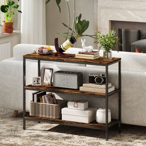 Table console - 101x35x80 cm - Table d'appoint fixe entree 3 niveaux avec etageres de rangement metal - Marron rustique (1/5)