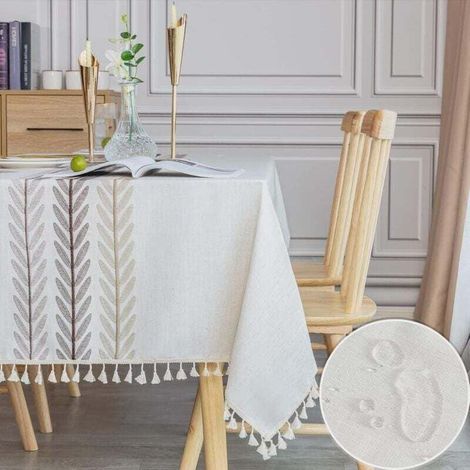 Tovaglia rettangolare impermeabile, in cotone e lino, 140x180 cm, con nappe, elegante tovaglia rettangolare per la decorazione del tavolo da cucina. (1/4)