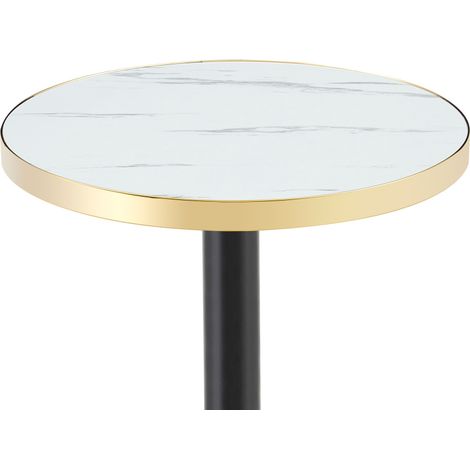 Mesa auxiliar redonda de MDF con efecto mármol, borde dorado y base metálica negra, 60 cm (1/5)