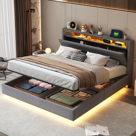 Letto imbottito 160x200 cm, struttura letto sospesa idraulicamente con contenitore, letto imbottito multifunzionale con presa USB e luce LED, testiera reversibile, grigio lino (1/5)