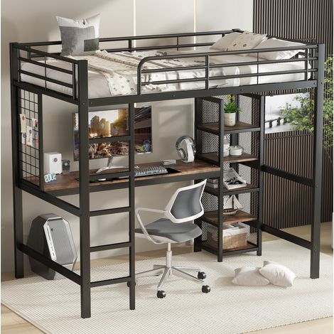 Lit mezzanine 90x200 cm avec bureau et rangements, avec grille, en métal, noir et noyer foncé, sans matelas (1/5)