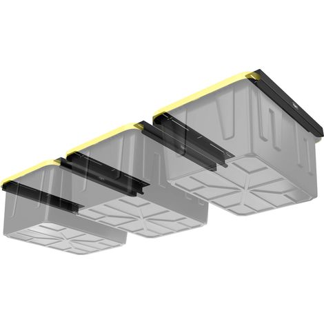 Lot de 3 bacs de rangement pour trois bacs Support de rangement de garage à monter au plafond avec largeur réglable Prend en charge la plupart des bacs de rangement noirs et jaunes (1/4)