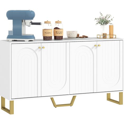 HOMCOM aparador 4 puertas aparador para salón moderno con estantes ajustables y patas doradas mueble para TV hasta 65 pulgadas blanco 140,8x35x77,5 cm (1/5)