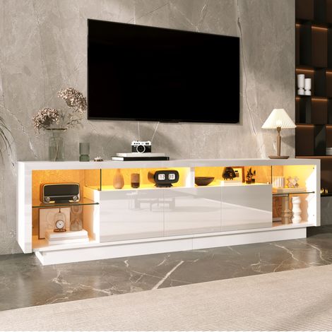 Mobile TV moderno 200 cm bianco, 3 ante lucide, nicchie in vetro, LED multicolore App, PB (1/5)