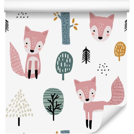 Papel pintado de zorros rosas en el bosque para salón y dormitorio, 50x1000 cm. (1/5)
