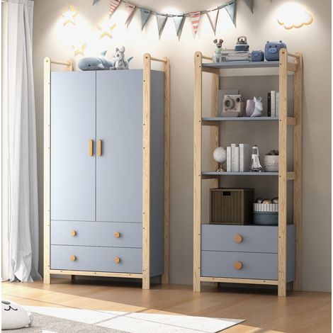 Armadio combinato per bambini 89,6 x 44 x 180,5 cm con asta e cassetti blu e legno DESVIAE (1/5)