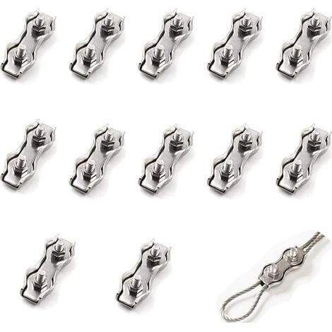 Vtizikl Lot de 12 serre-câbles doubles en acier de 1 mm², connecteur de serre-câble en acier inoxydable, pince de fixation pour câble de frein, utilisée pour les câbles en acier de 1 mm².