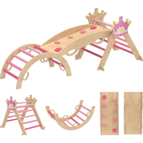 Structure d'escalade intérieure 8-en-1 pour enfants avec toboggan, balançoire et design princesse en bois (1/5)