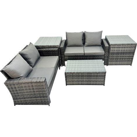 Fimous PE Rattan Garden Furniture Set Lounge Double Seat Sofa Coffee Table Set with 2 Side Tables Dark Grey MixedMixed (1/5)
