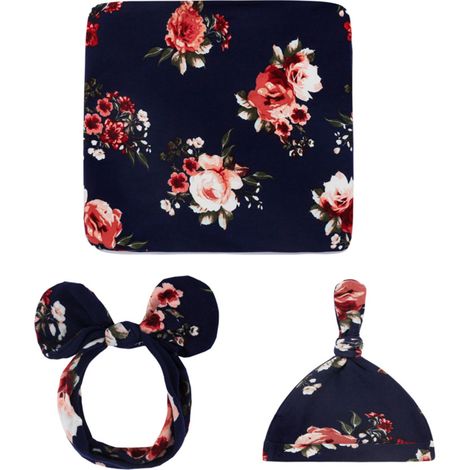 3 pièces Ensemble d'emmaillotage pour nouveau-né, couverture 80x80 cm, bandeau élastique, bonnet de naissance, fibre protéique (1/5)