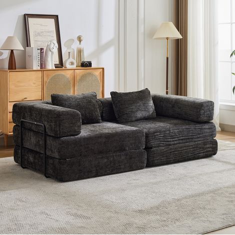 Sofá cama plegable modular, convertible en sofá y colchón, sin montaje, tejido chenilla negra (1/5)