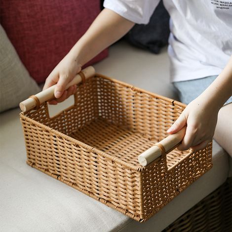 Panier de Rangement en Paille Tressée avec Poignée en Bois Naturel pour Maison