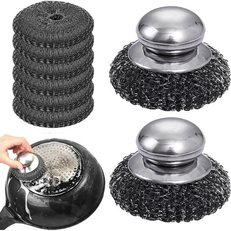 8 Pcs paille de fer, spirales en acier inoxydable, Éponge à récurer en laine d'acier avec 2 Pcs poignée en acier inoxydable, Idéal pour la saleté tenace dans les casseroles et les poêles (1/5)