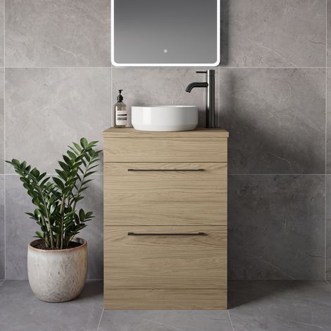 Napoli 390 Light Oak 600mm 2 Drawer Vanity Unit for Countertop Basins - 600mm - Gunmetal Grey 320mm Handle