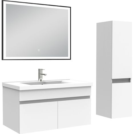 Océan Meuble simple vasque 80cm avec colonne et miroir lumineux blanc (1/5)