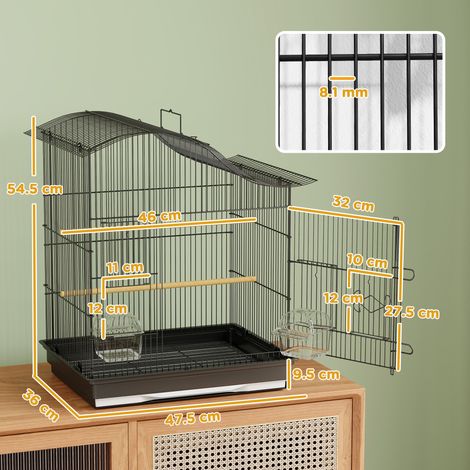 Cage à oiseaux avec 4 portes, 2 mangeoires, 2 perchoirs et un plateau, en métal et plastique, 47,5 x 36 x 54,5 cm, noire (1/5)
