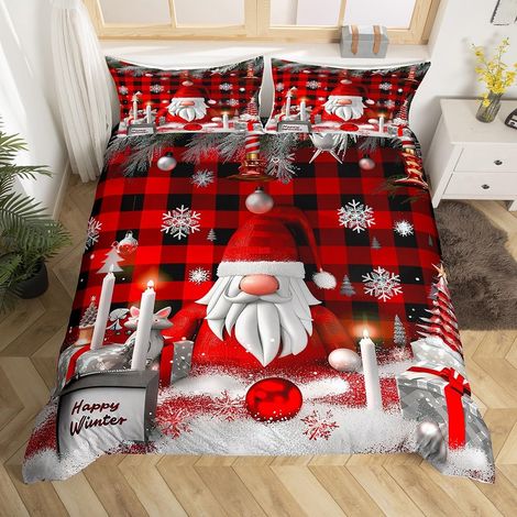 Housse de Couette 200x200 Enfant Noël, Parure de Lit Père Noël pour Garçon Fille, Sets de Housses de Couettes GNOME Flocon de Neige, Couvre Lit À Carreaux Géométrique, Rouge-Gris - 200x200cm + 2 Taies (1/5)